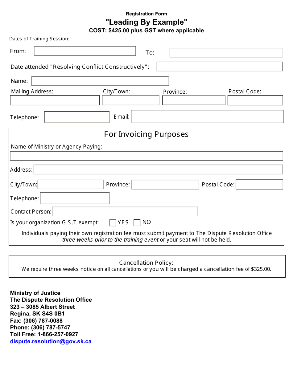 Leading by Example Registration Form - Saskatchewan, Canada, Page 1