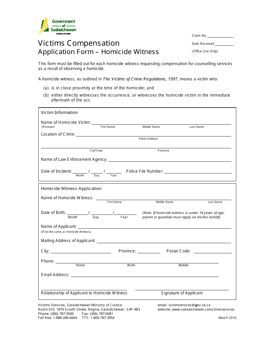 Victims Compensation Application Form - Homicide Witness - Saskatchewan, Canada, Page 1