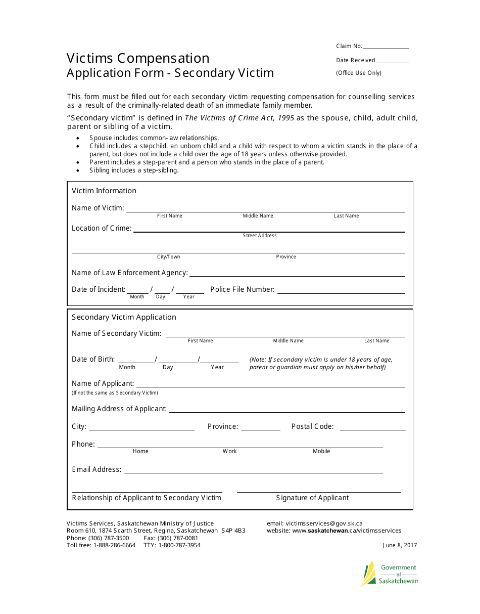 Victims Compensation Application Form - Secondary Victim - Saskatchewan, Canada, Page 1