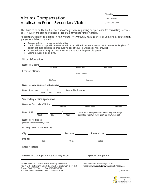 Victims Compensation Application Form - Secondary Victim - Saskatchewan, Canada Download Pdf