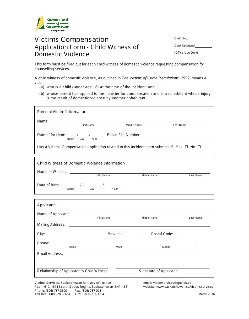 Victims Compensation Application Form - Child Witness of Domestic Violence - Saskatchewan, Canada, Page 1