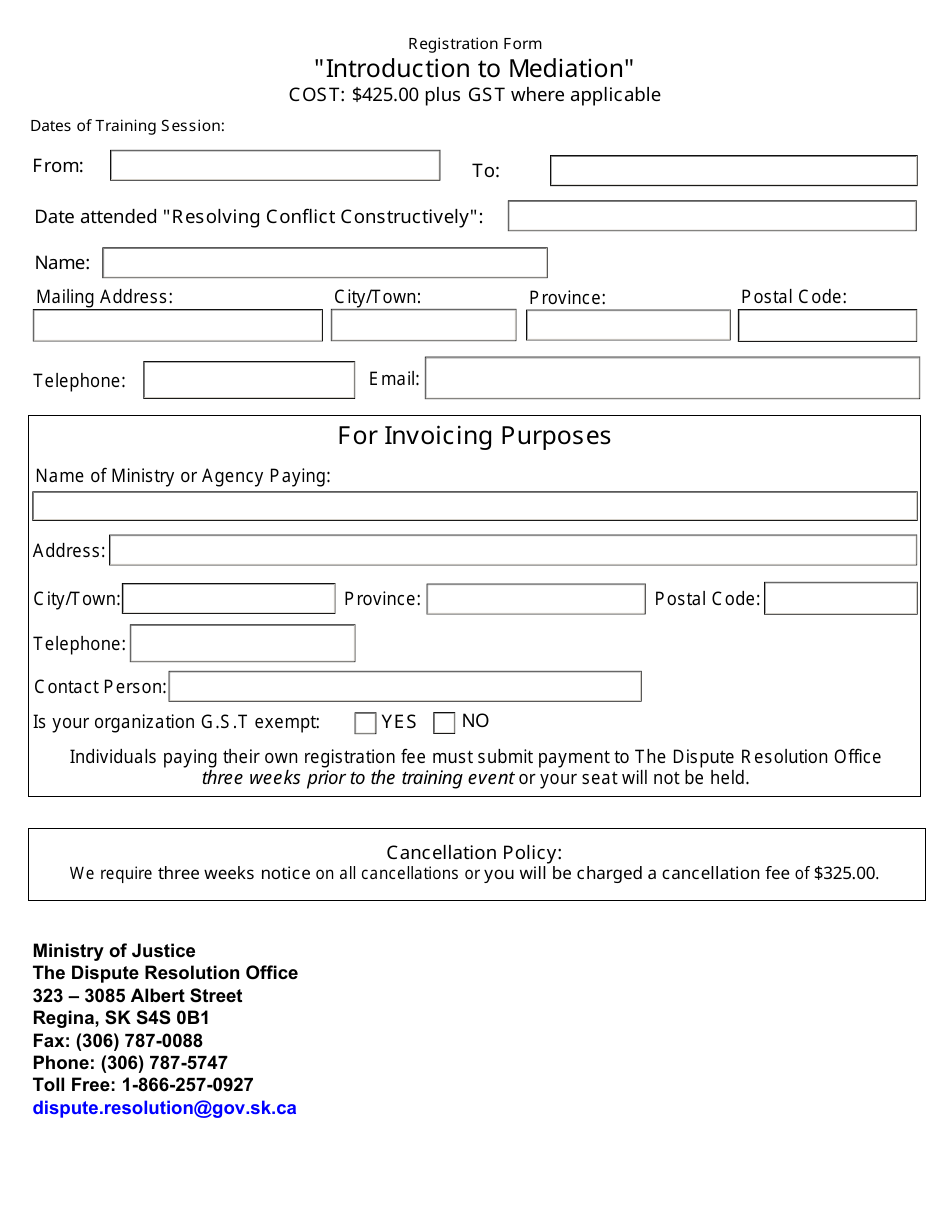 Introduction to Mediation Registration Form - Saskatchewan, Canada, Page 1