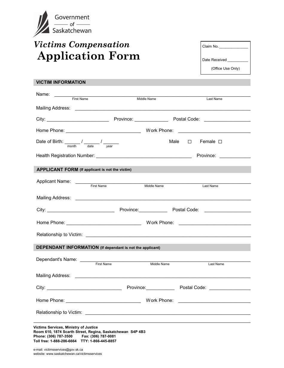 Victims Compensation Application Form - Saskatchewan, Canada, Page 1