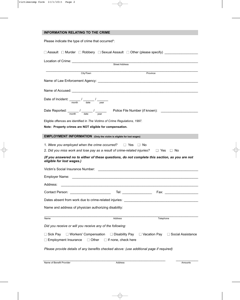 Saskatchewan Canada Victims Compensation Application Form - Fill Out 