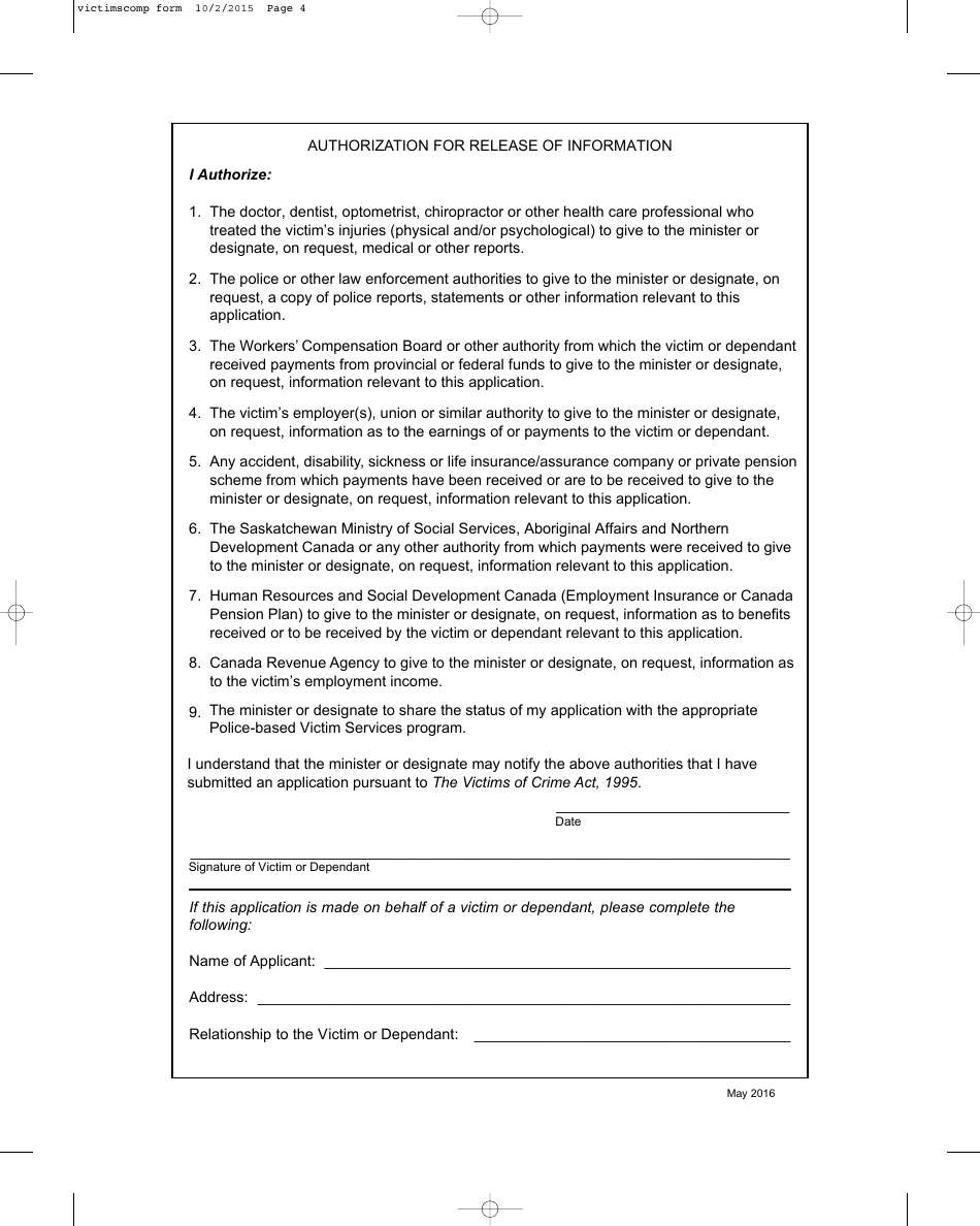 Victims Compensation Application Form - Saskatchewan, Canada, Page 4