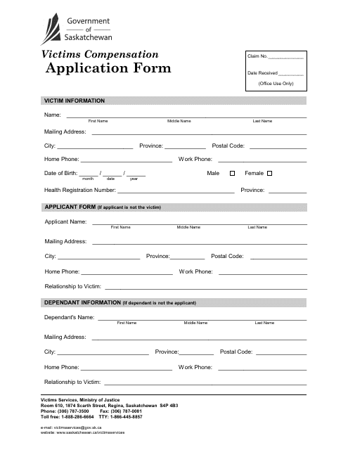 Victims Compensation Application Form - Saskatchewan, Canada Download Pdf