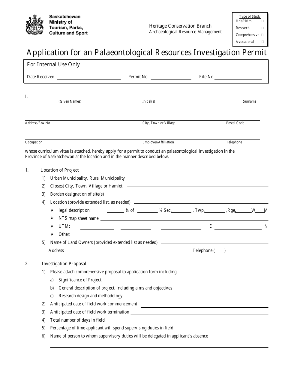 Application for an Palaeontological Resources Investigation Permit - Saskatchewan, Canada, Page 1