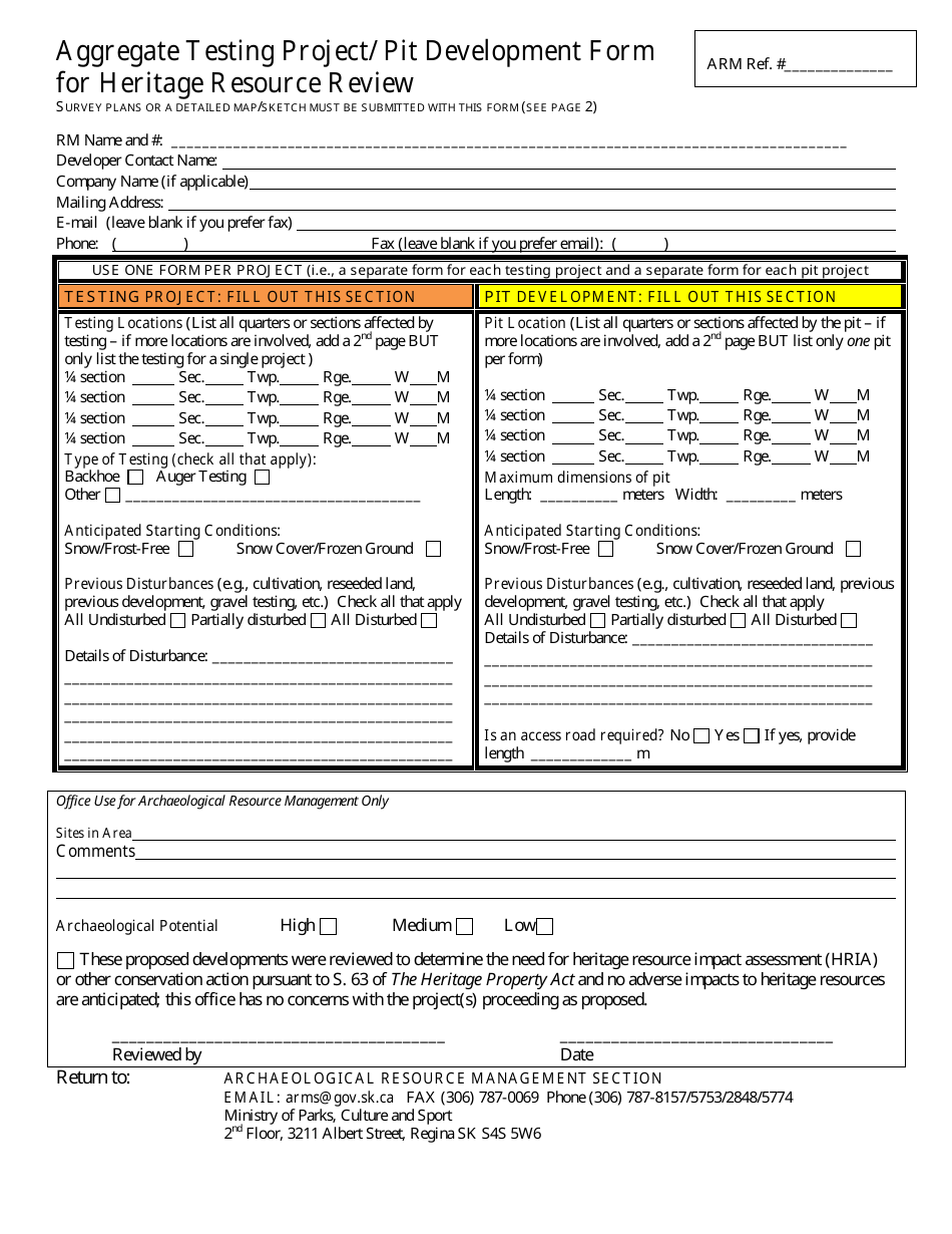 Aggregate Testing Project / Pit Development Form for Heritage Resource Review - Saskatchewan, Canada, Page 1
