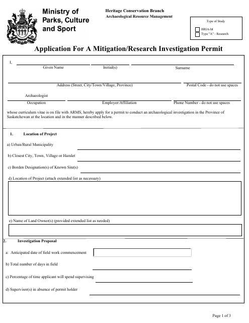 Application for a Mitigation/Research Investigation Permit - Saskatchewan, Canada Download Pdf