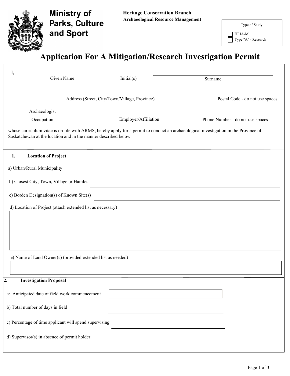 Application for a Mitigation/Research Investigation Permit - Saskatchewan, Canada, Page 1