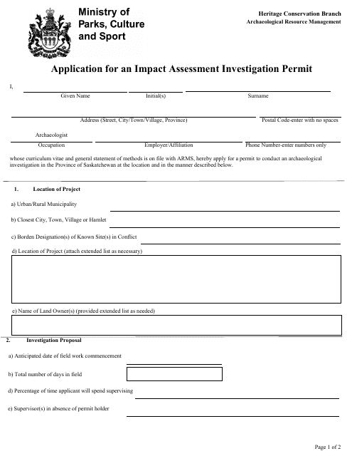 Application for an Impact Assessment Investigation Permit - Saskatchewan, Canada Download Pdf