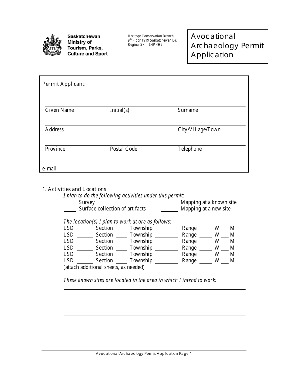 Avocational Archaeology Permit Application - Saskatchewan, Canada, Page 1