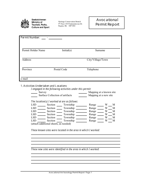 Avocational Permit Report - Saskatchewan, Canada