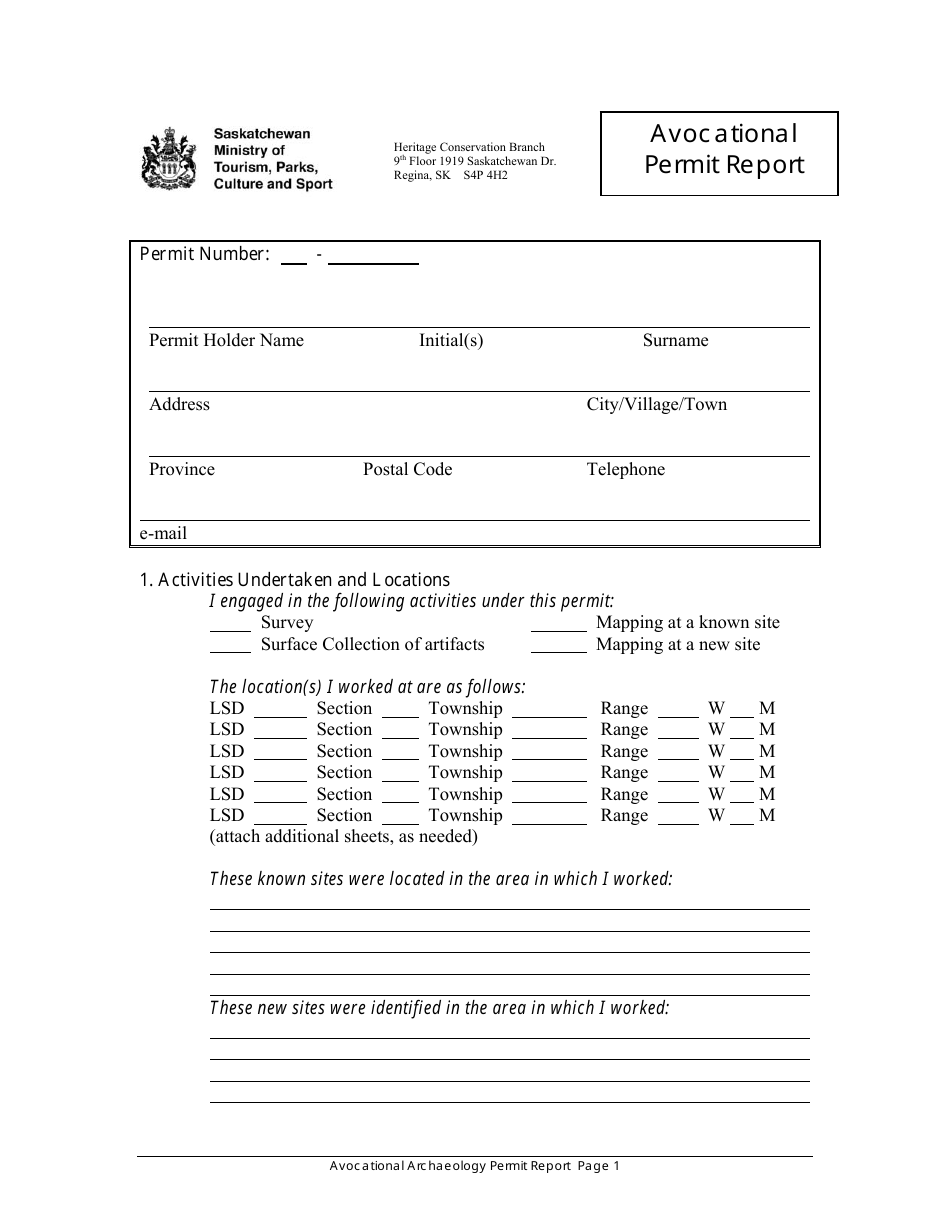 Avocational Permit Report - Saskatchewan, Canada, Page 1