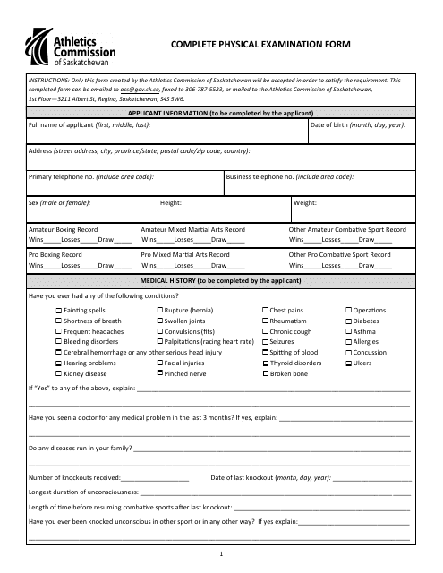 Complete Physical Examination Form - Saskatchewan, Canada Download Pdf