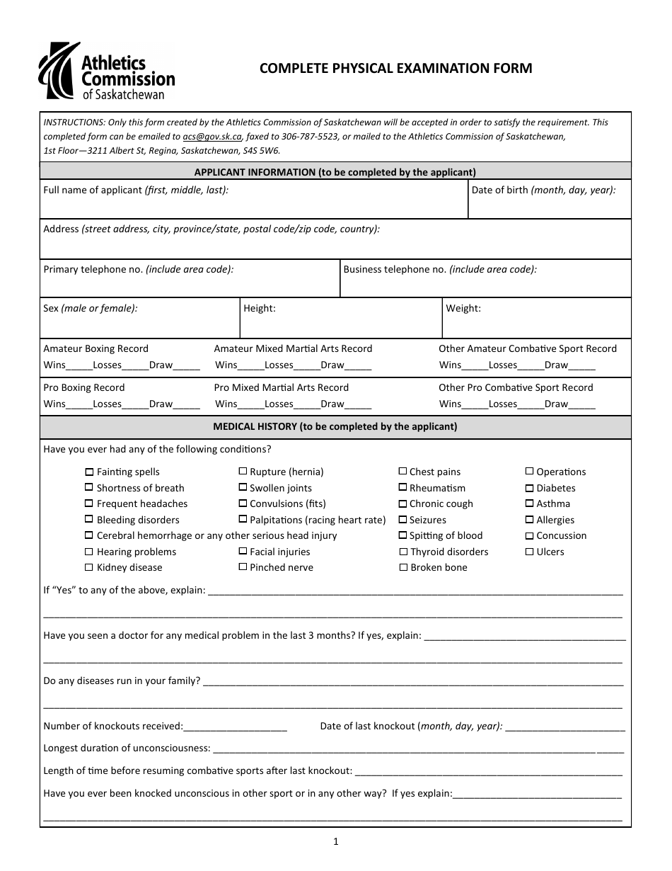 Complete Physical Examination Form - Saskatchewan, Canada, Page 1