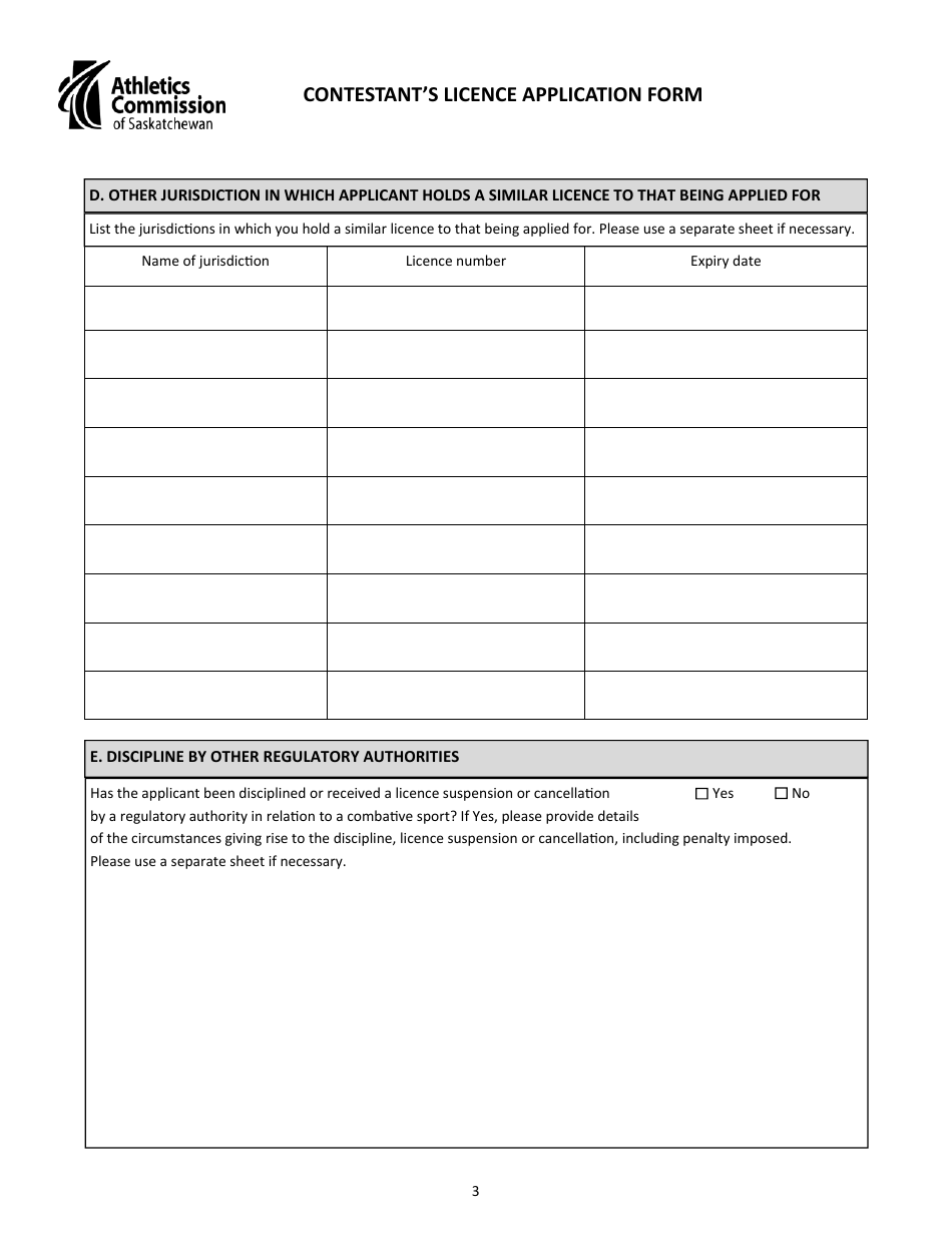 Contestants Licence Application - Saskatchewan, Canada, Page 3