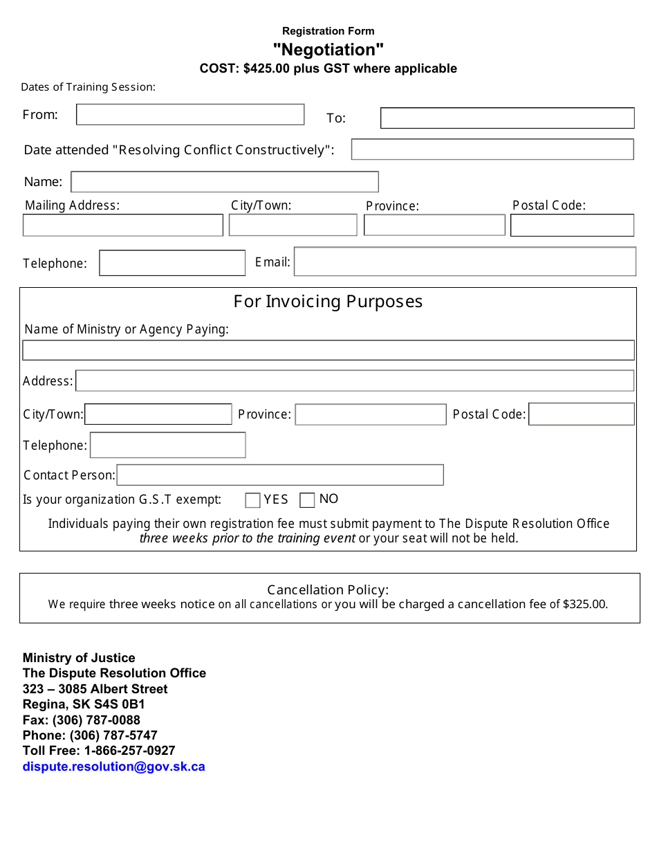 Negotiation and Influencing Registration Form - Saskatchewan, Canada, Page 1