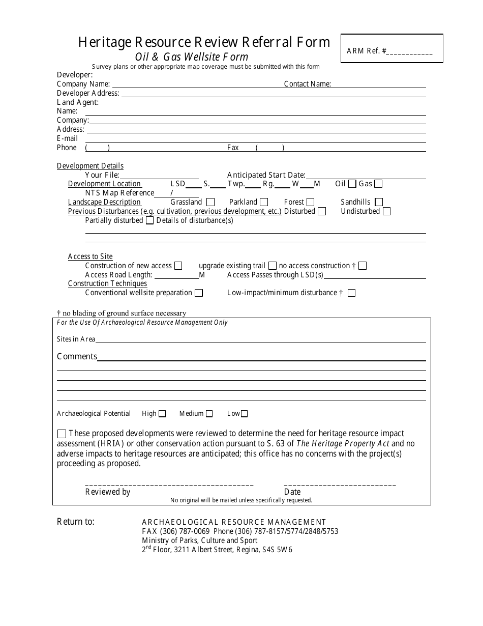 Heritage Resource Review Referral Form (Oil  Gas Wellsite Form) - Saskatchewan, Canada, Page 1