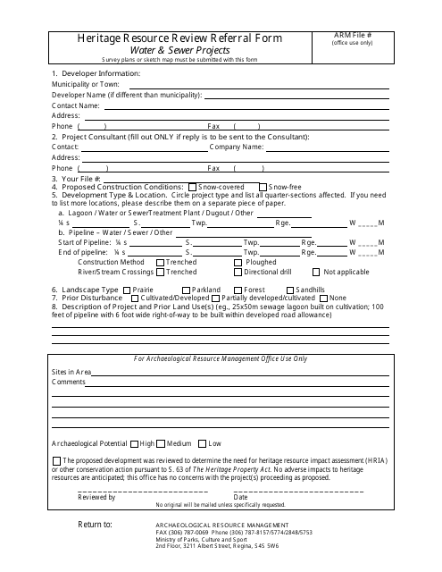 Heritage Resource Review Referral Form (Water & Sewer Projects) - Saskatchewan, Canada Download Pdf