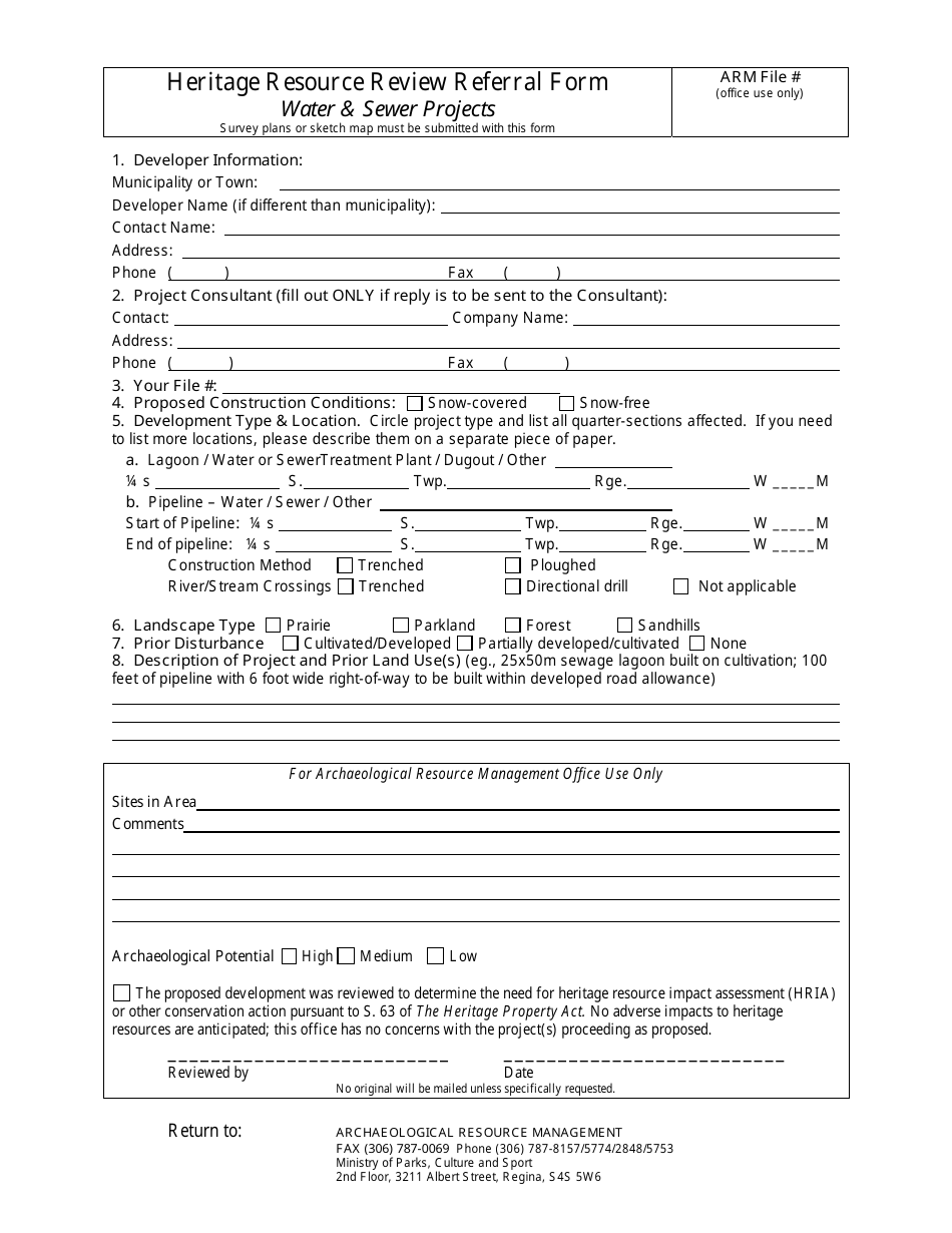 Heritage Resource Review Referral Form (Water  Sewer Projects) - Saskatchewan, Canada, Page 1