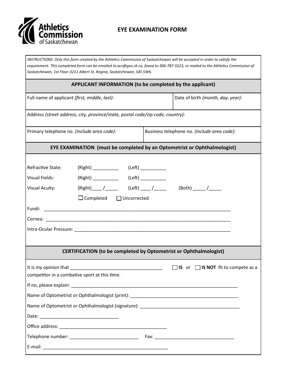 Eye Examination Form - Saskatchewan, Canada, Page 1