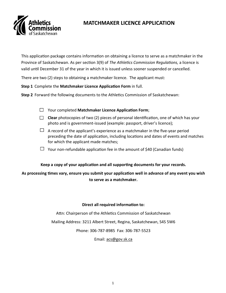 Matchmaker Licence Application - Saskatchewan, Canada, Page 1