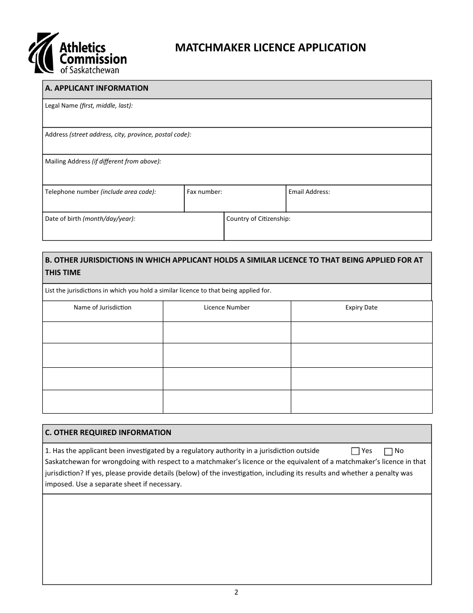 Matchmaker Licence Application - Saskatchewan, Canada, Page 2