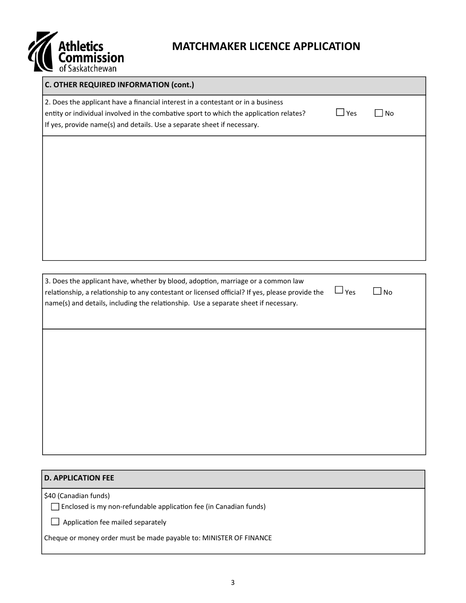 Matchmaker Licence Application - Saskatchewan, Canada, Page 3