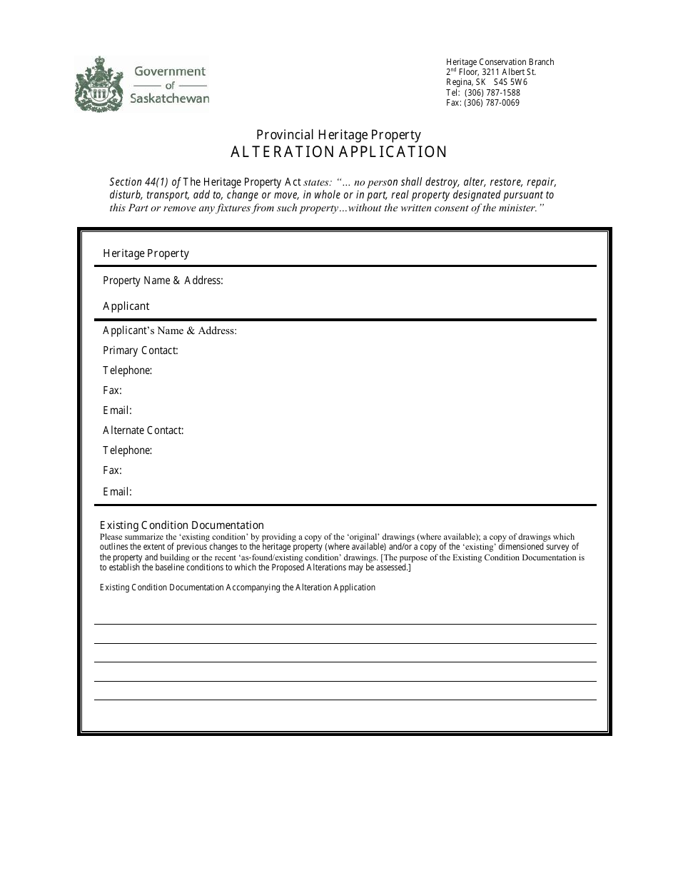 Provincial Heritage Property Alteration Application - Saskatchewan, Canada, Page 1