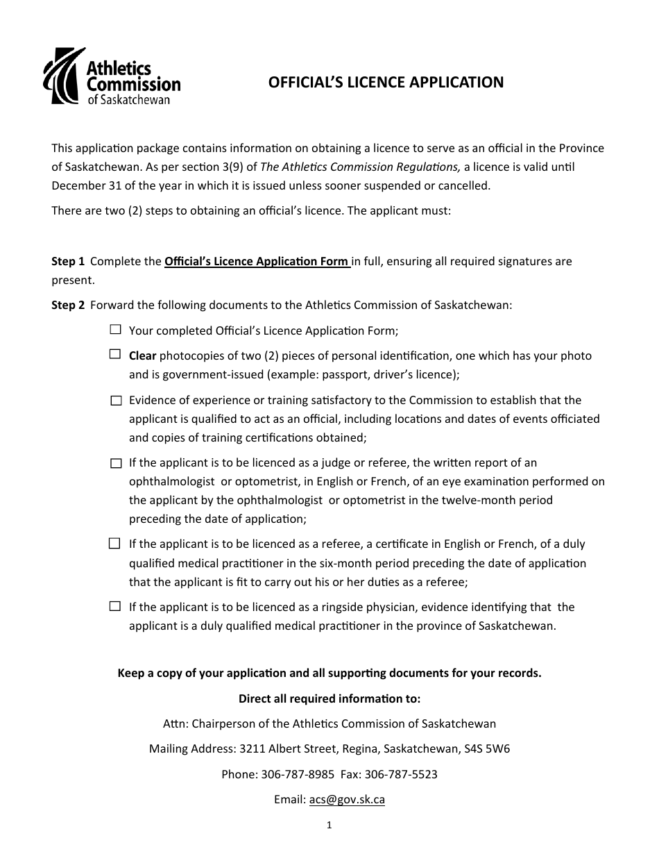 Officials Licence Application - Saskatchewan, Canada, Page 1