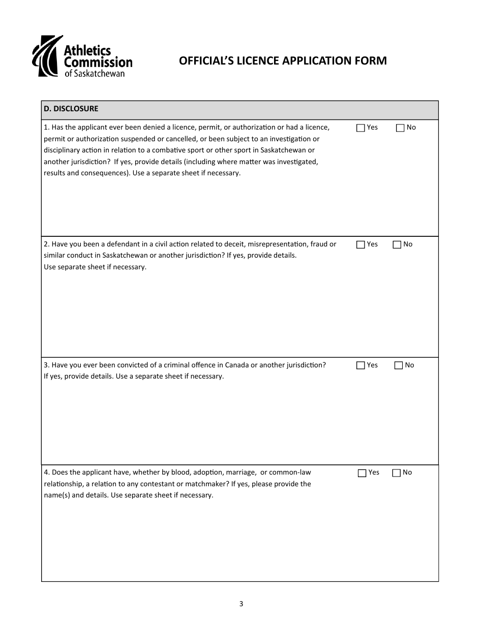 Officials Licence Application - Saskatchewan, Canada, Page 3