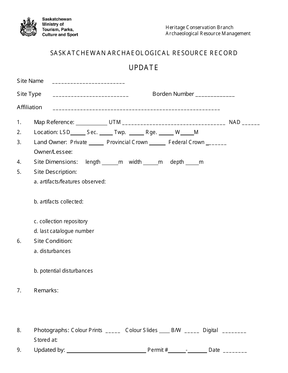 Saskatchewan Archaeological Resource Record Update - Saskatchewan, Canada, Page 1