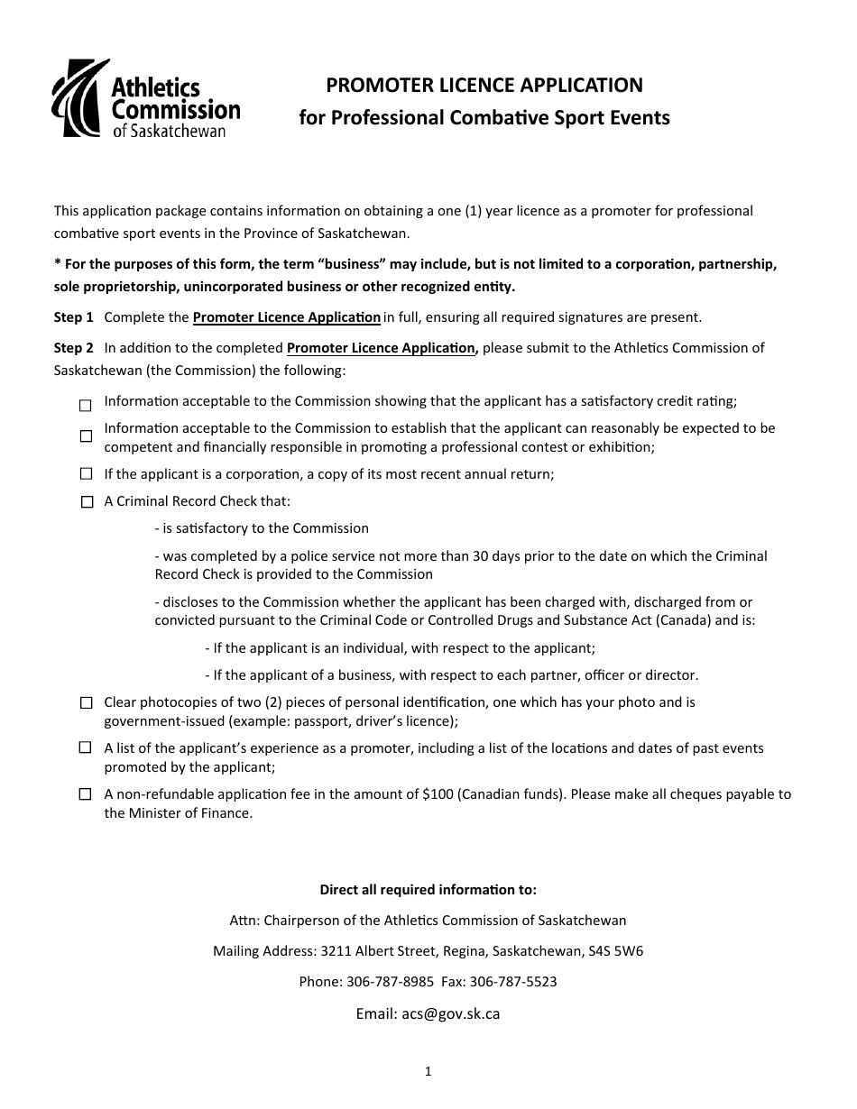 Promoter Licence Application for Professional Combative Sport Events - Saskatchewan, Canada, Page 1