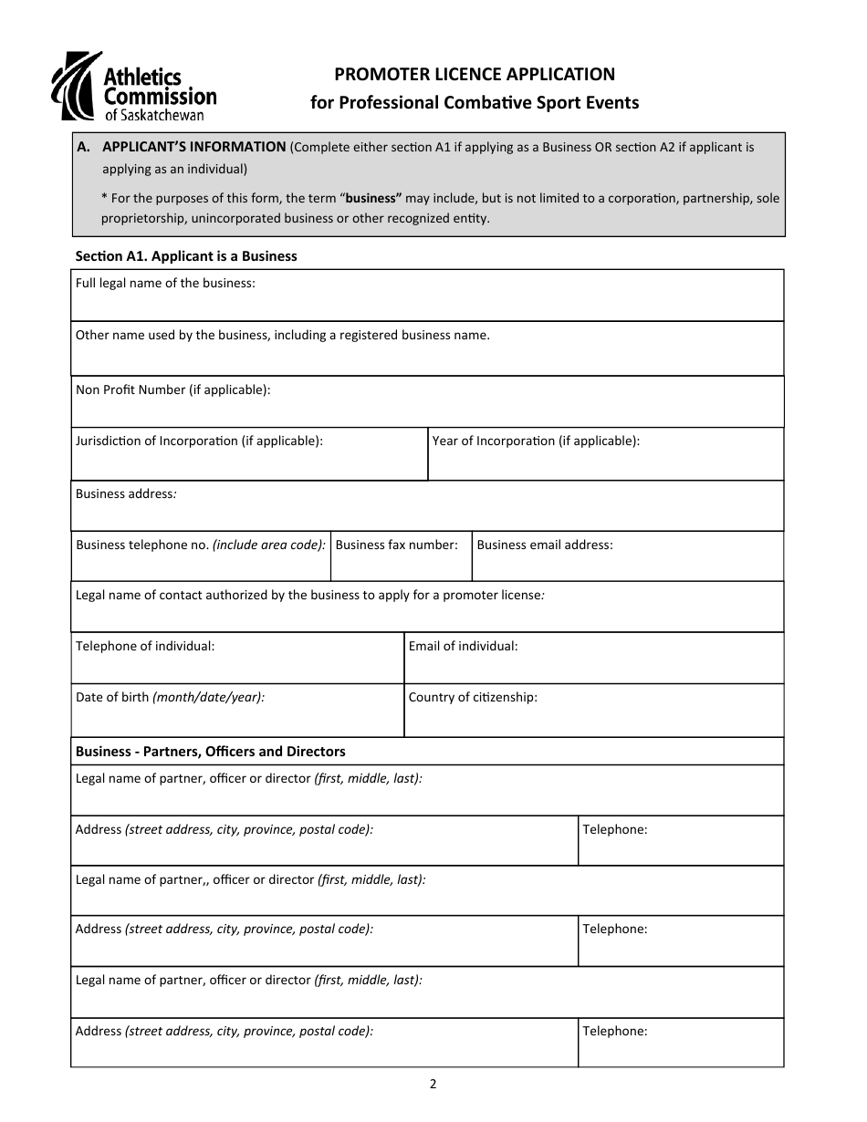 Promoter Licence Application for Professional Combative Sport Events - Saskatchewan, Canada, Page 2