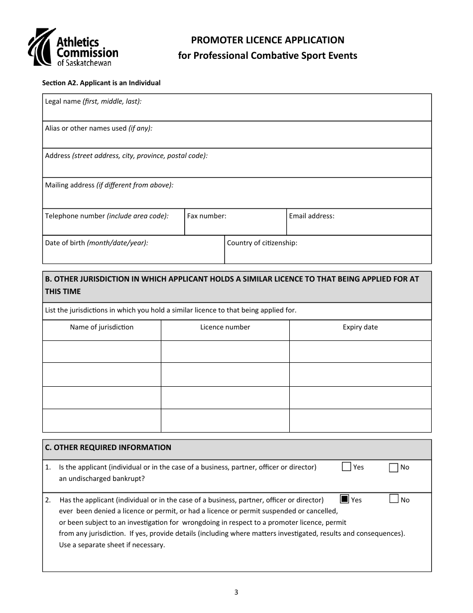 Promoter Licence Application for Professional Combative Sport Events - Saskatchewan, Canada, Page 3