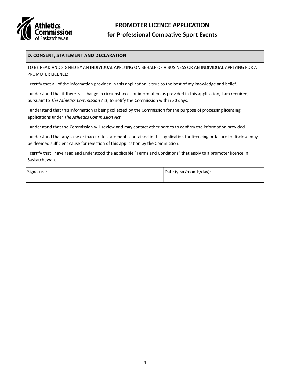 Promoter Licence Application for Professional Combative Sport Events - Saskatchewan, Canada, Page 4