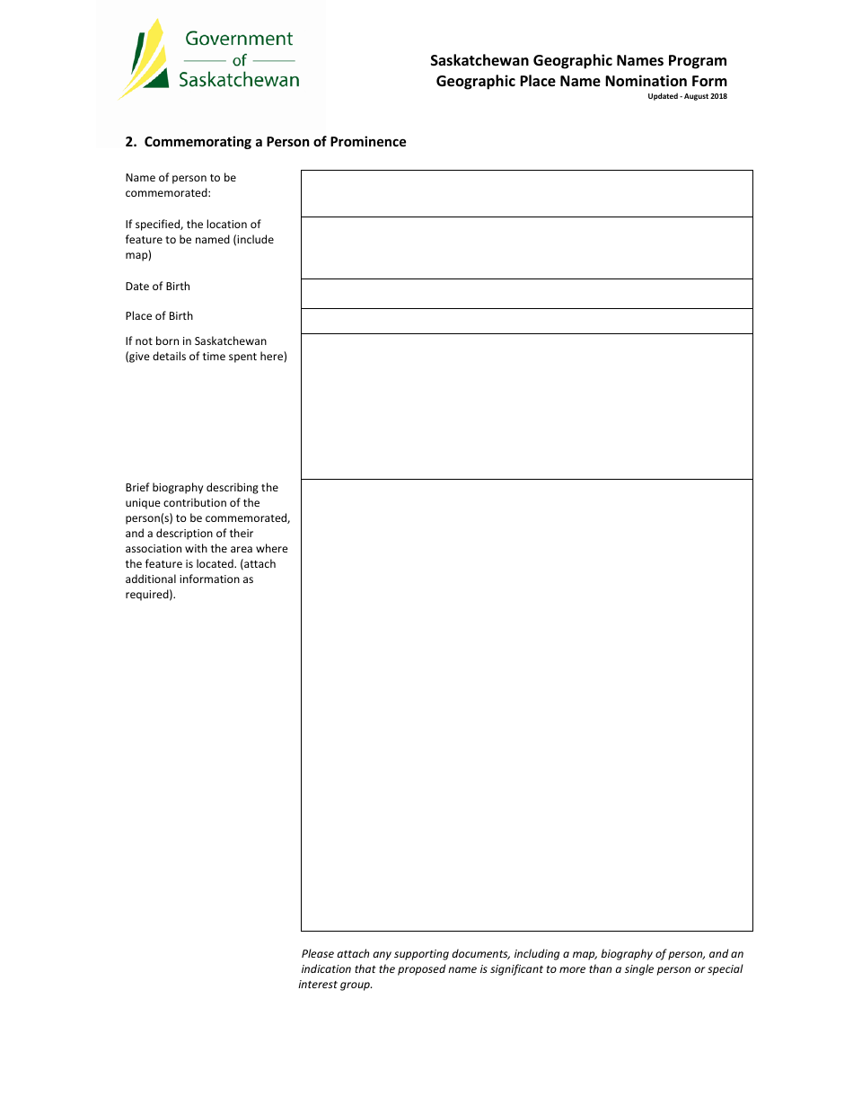 Geographic Place Name Nomination Form - Saskatchewan, Canada, Page 2