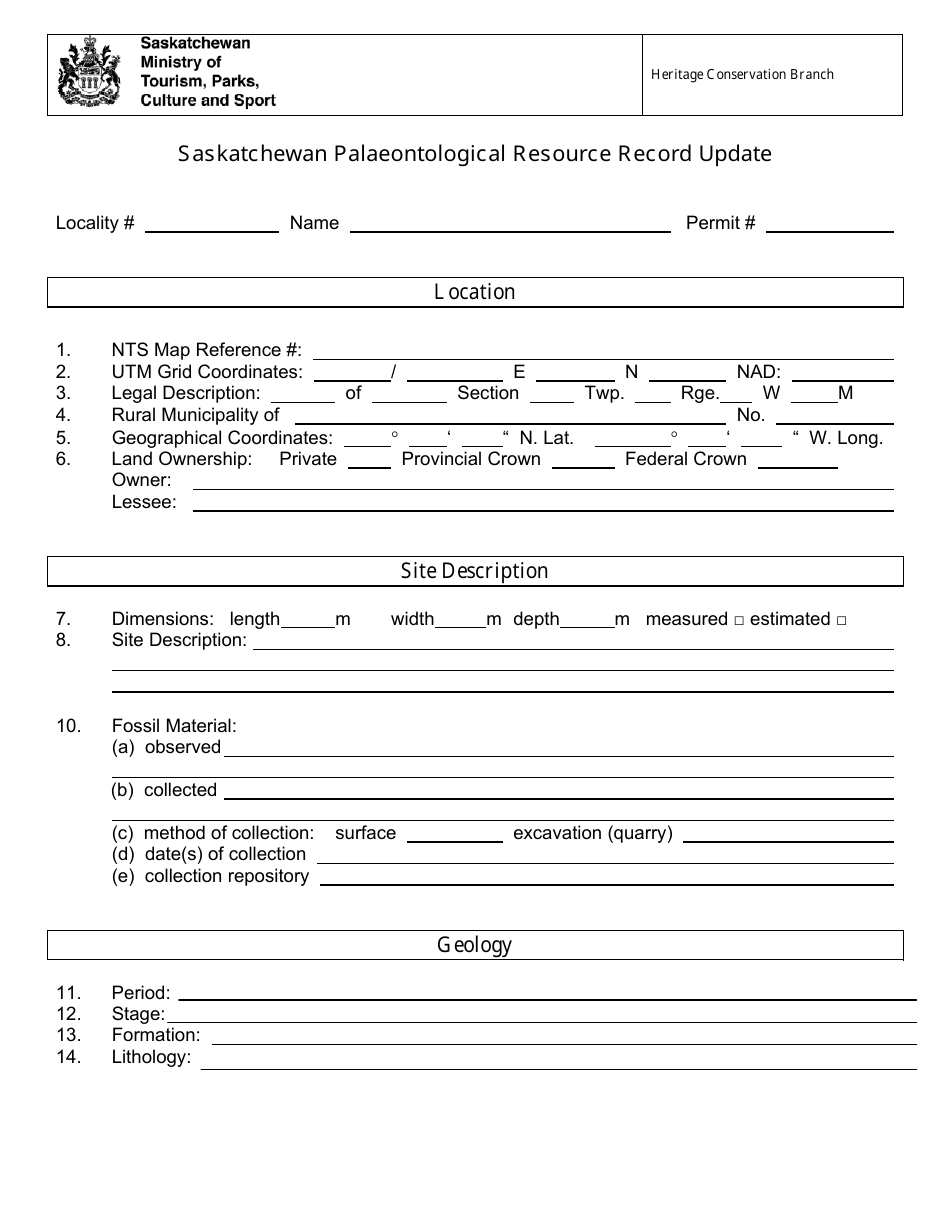 Saskatchewan Palaeontological Resource Record Update - Saskatchewan, Canada, Page 1