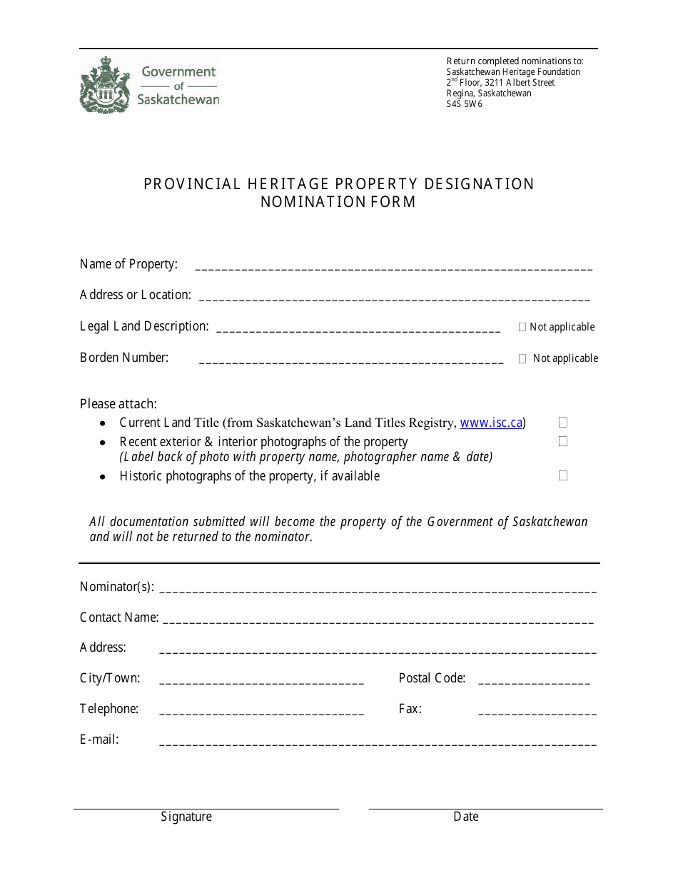 Provincial Heritage Property Designation Nomination Form - Saskatchewan, Canada, Page 1