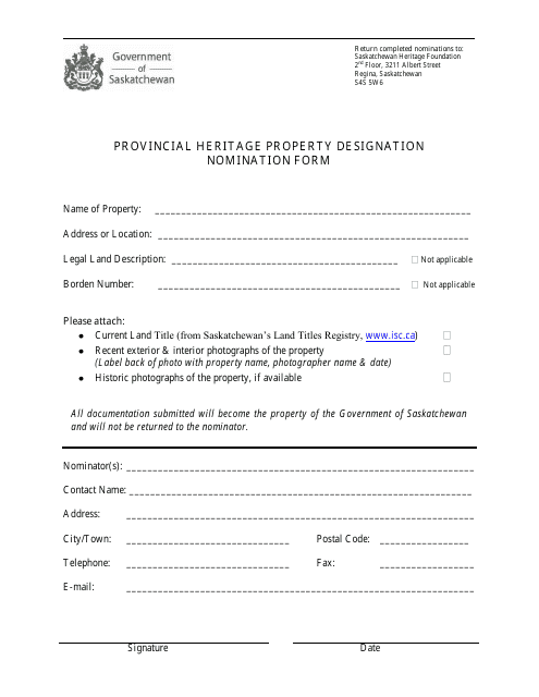 Provincial Heritage Property Designation Nomination Form - Saskatchewan, Canada Download Pdf