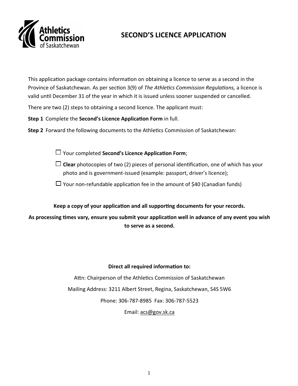 Seconds Licence Application - Saskatchewan, Canada, Page 1