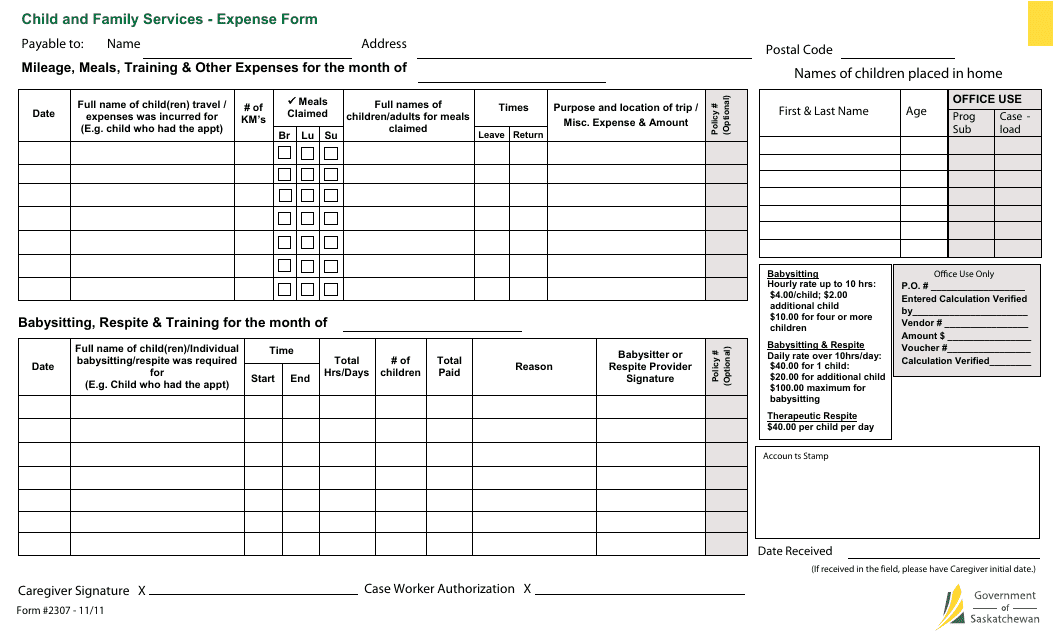Form 2307 Child and Family Services - Expense Form - Saskatchewan, Canada