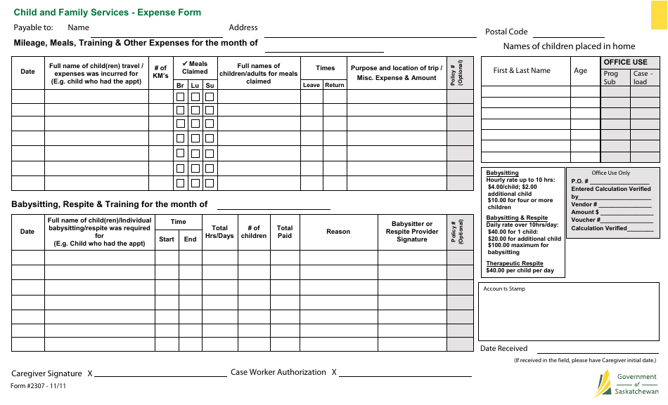 Form 2307 Child and Family Services - Expense Form - Saskatchewan, Canada, Page 1