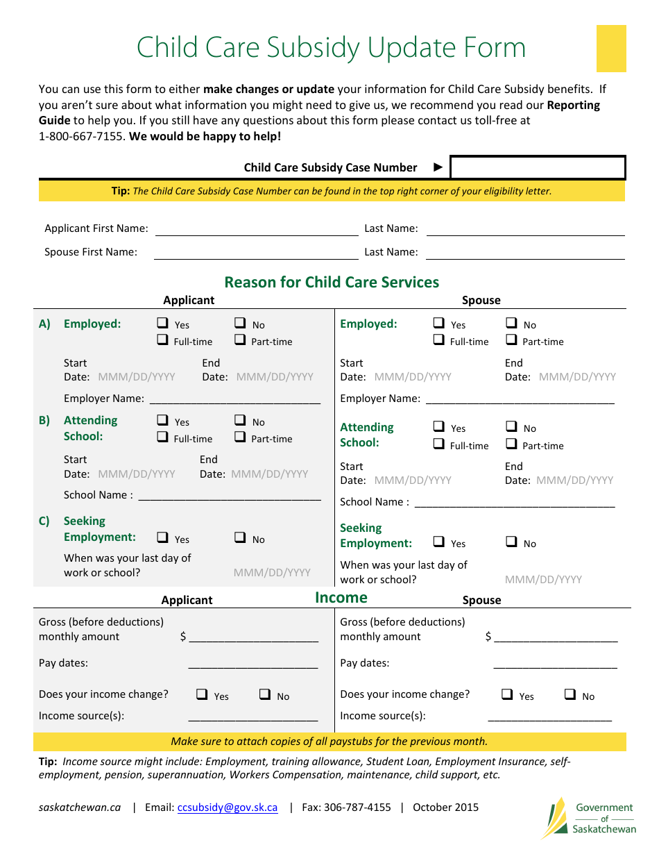 Child Care Subsidy Update Form - Saskatchewan, Canada, Page 1