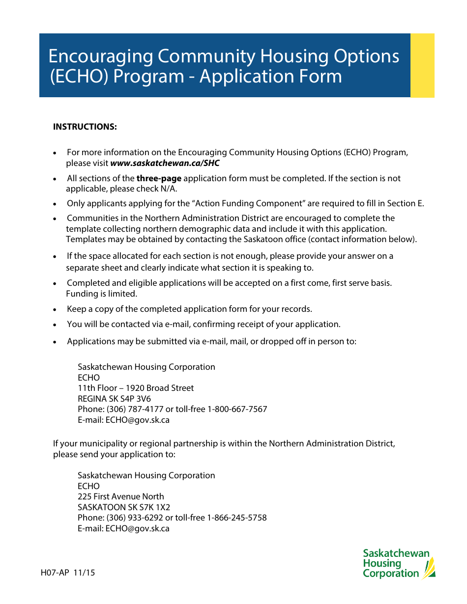 Form H07-AP Encouraging Community Housing Options (Echo) Program - Application Form - Saskatchewan, Canada, Page 1