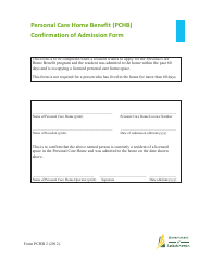 Form PCHB2 &quot;Personal Care Home Benefit (Pchb) Confirmation of Admission Form&quot; - Saskatchewan, Canada