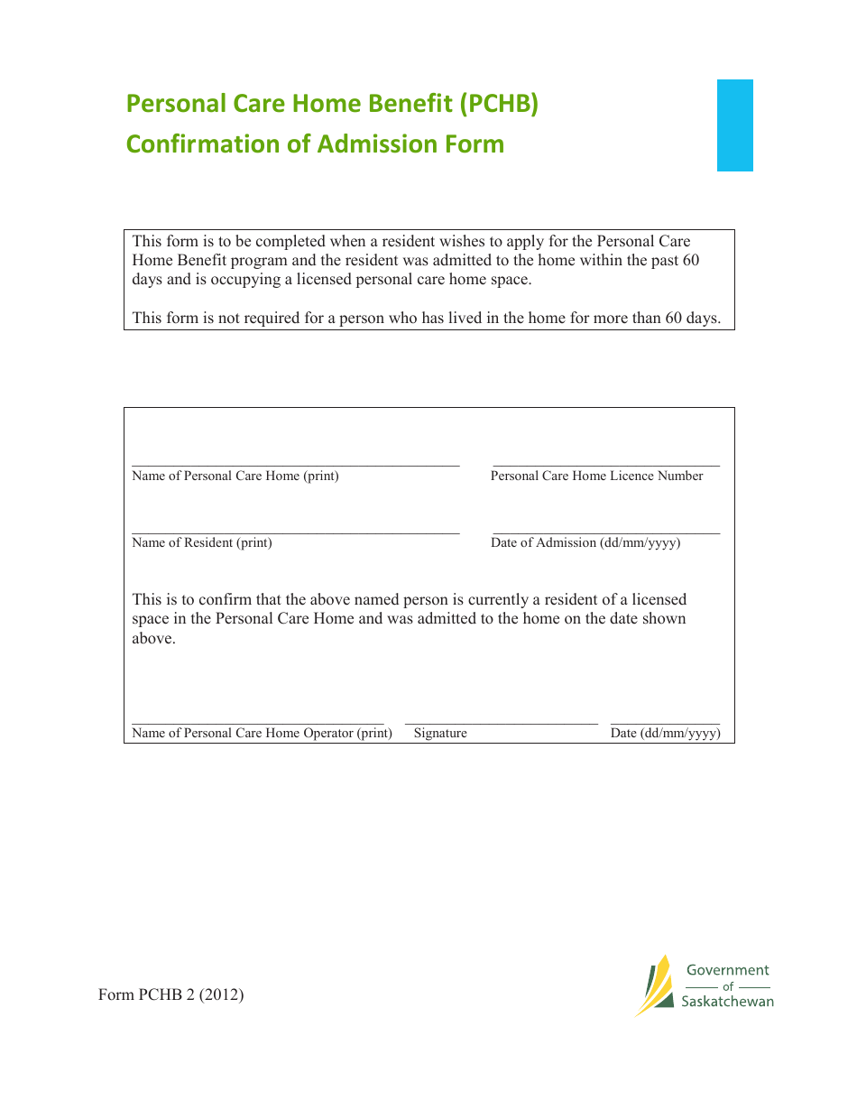 Form PCHB2 Personal Care Home Benefit (Pchb) Confirmation of Admission Form - Saskatchewan, Canada, Page 1