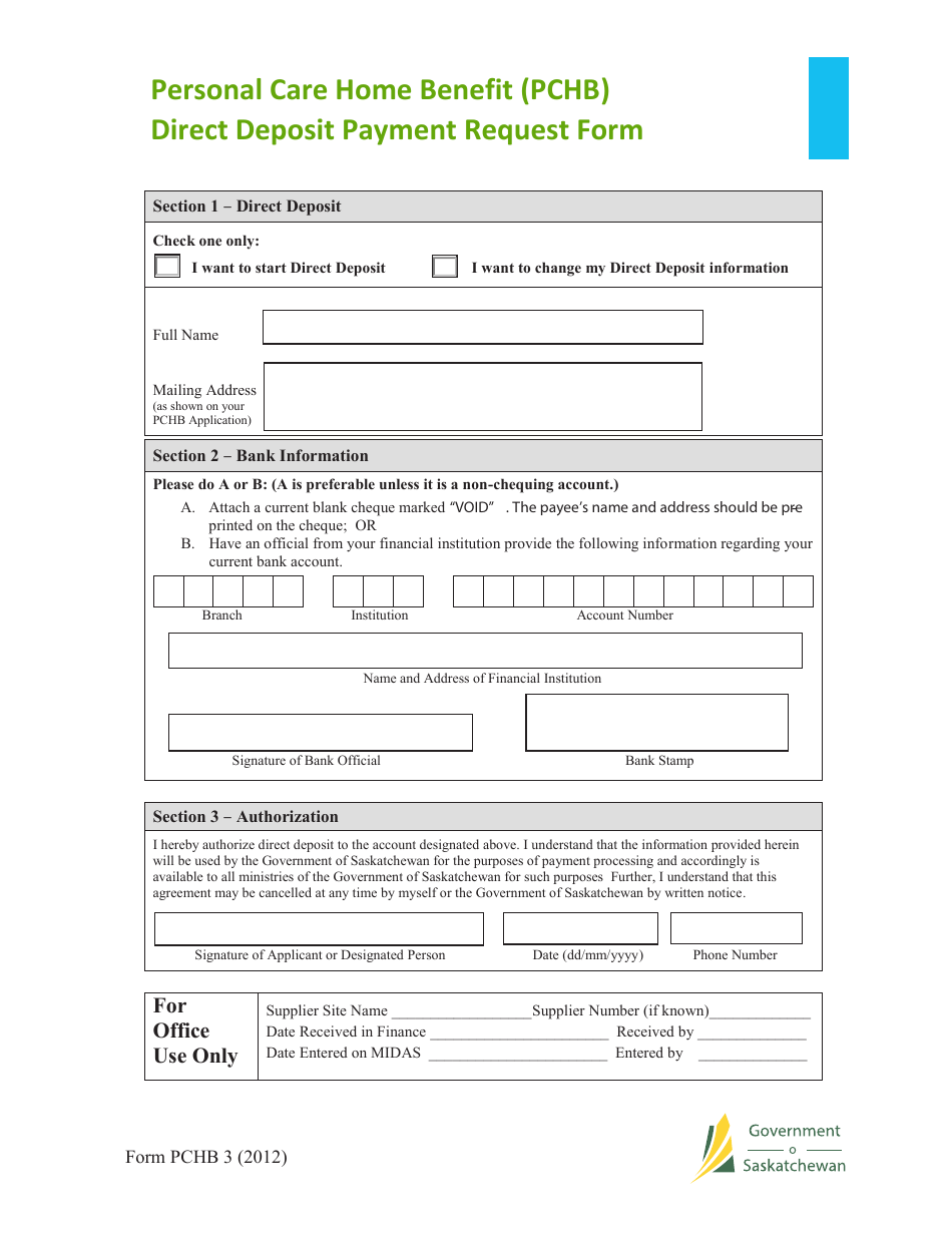 Form PCHB3 Personal Care Home Benefit (Pchb) Direct Deposit Payment Request Form - Saskatchewan, Canada, Page 1