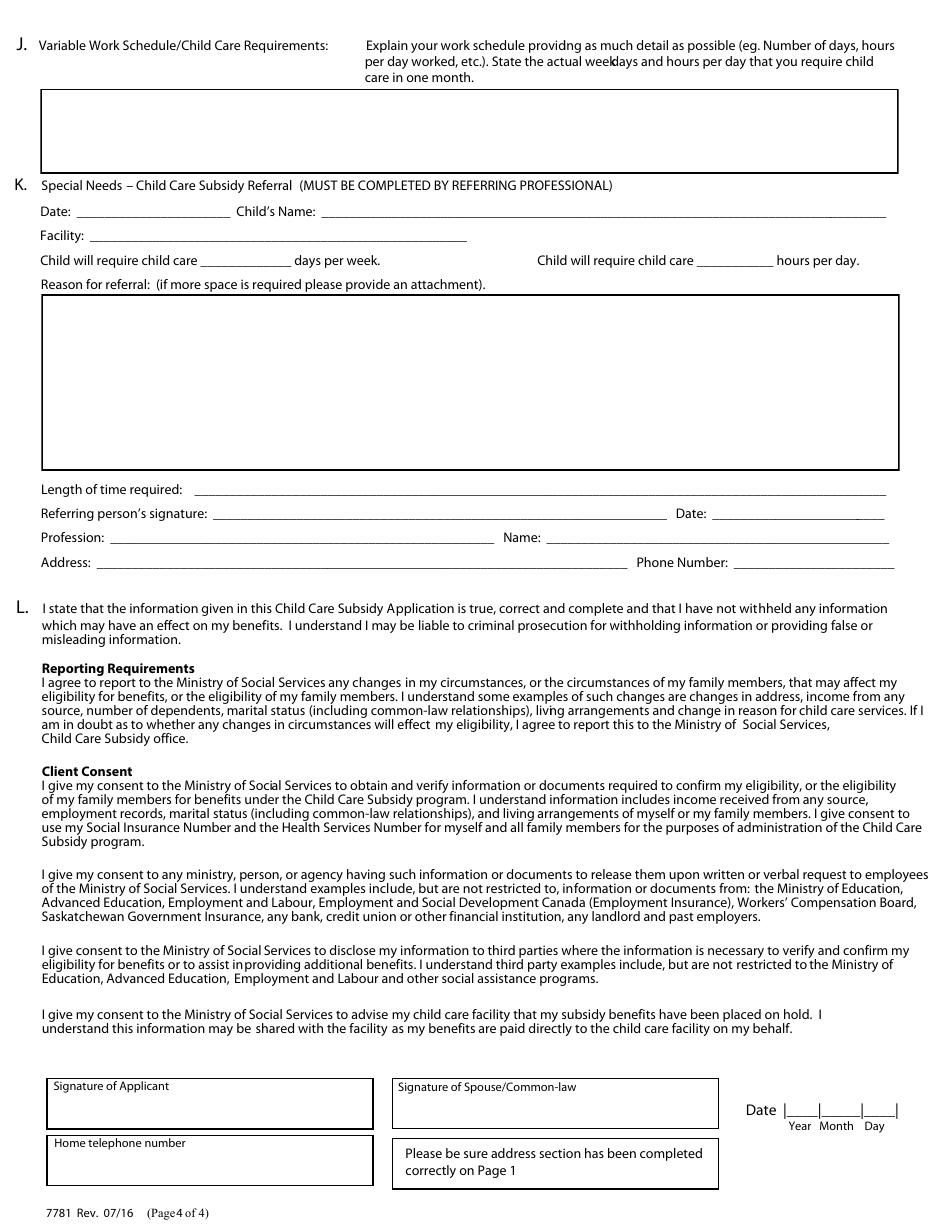 Form 7781 Child Care Subsidy Application - Saskatchewan, Canada, Page 4
